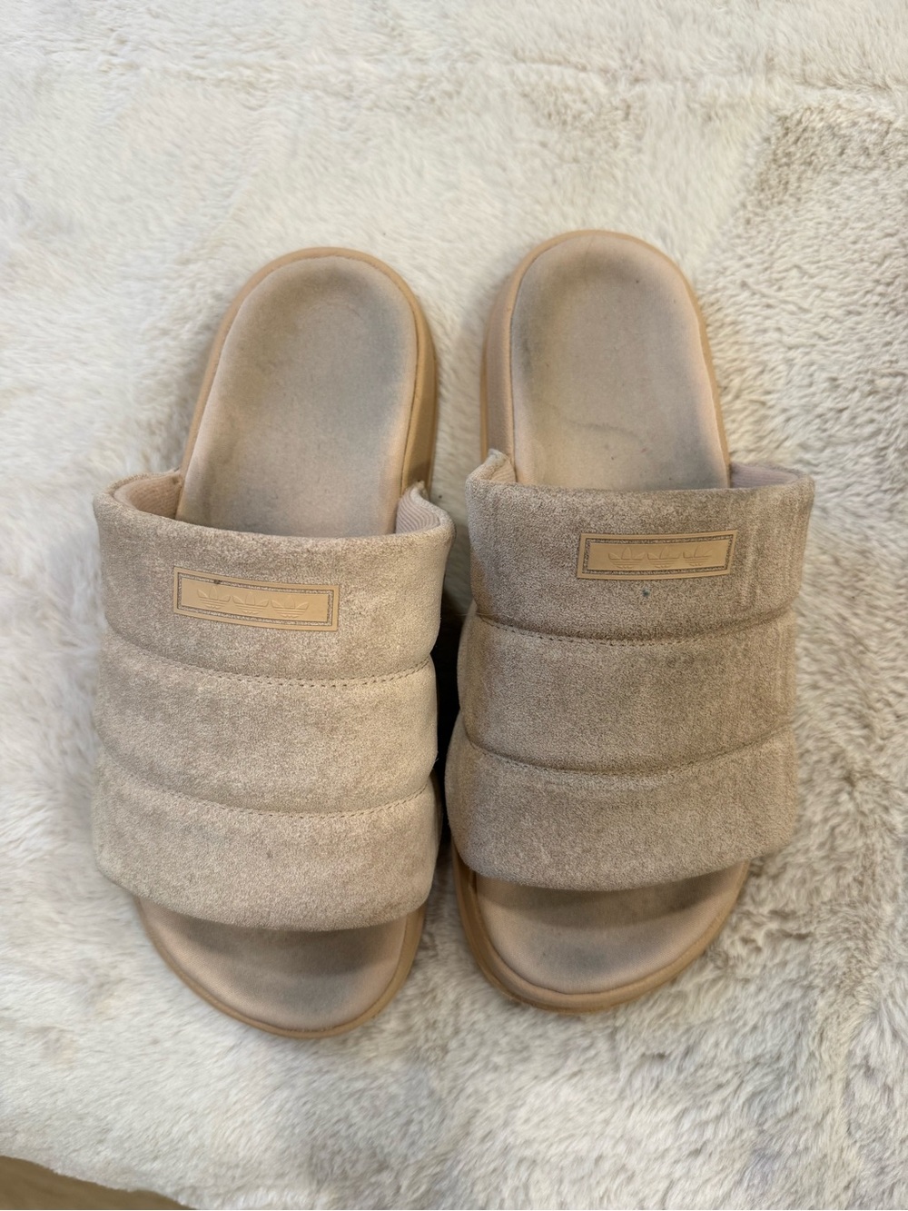 adidas Women's Padded Suede-Look Slide Sandals in Light Beige